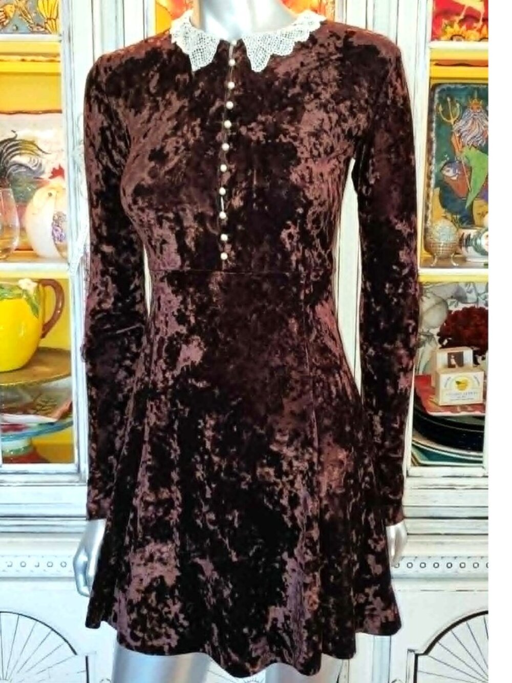 Vintage Betsey Johnson 90s Y2K Brown Crushed Velvet Victorian Pearl Skater Dress - Picture 11 of 15